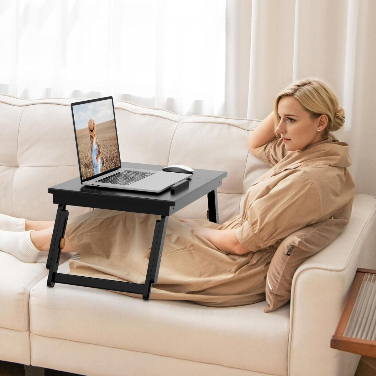 Portable Bamboo Laptop Lap Tray with Adjustable Legs and Tilting Top