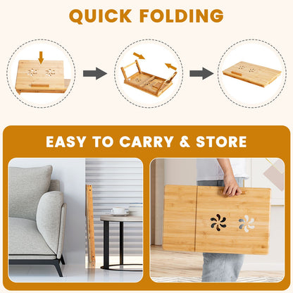 Portable Bamboo Laptop Lap Tray with Adjustable Legs and Tilting Top